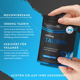Taurine Tablets 1000 mg - 180 L Taurine Tablets - for Pre Workout, Gym, Sports and Fitness - 3 Months Supply - Taurine Capsule Alternative - Essential Taurine Amino Acids - Vegan - Nutravita
