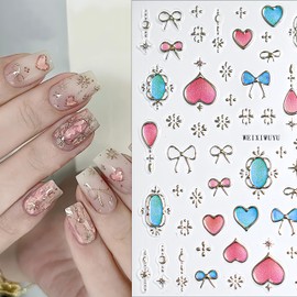 3Sheets Butterfly Nail Art Stickers Retro Heart Style Nail Decals Red Blue Butterfly Nail Stickers Embossed Self-Adhesive Star Moon Bow Patterns Design Nail Supplies for Women DIY Nail Decorations