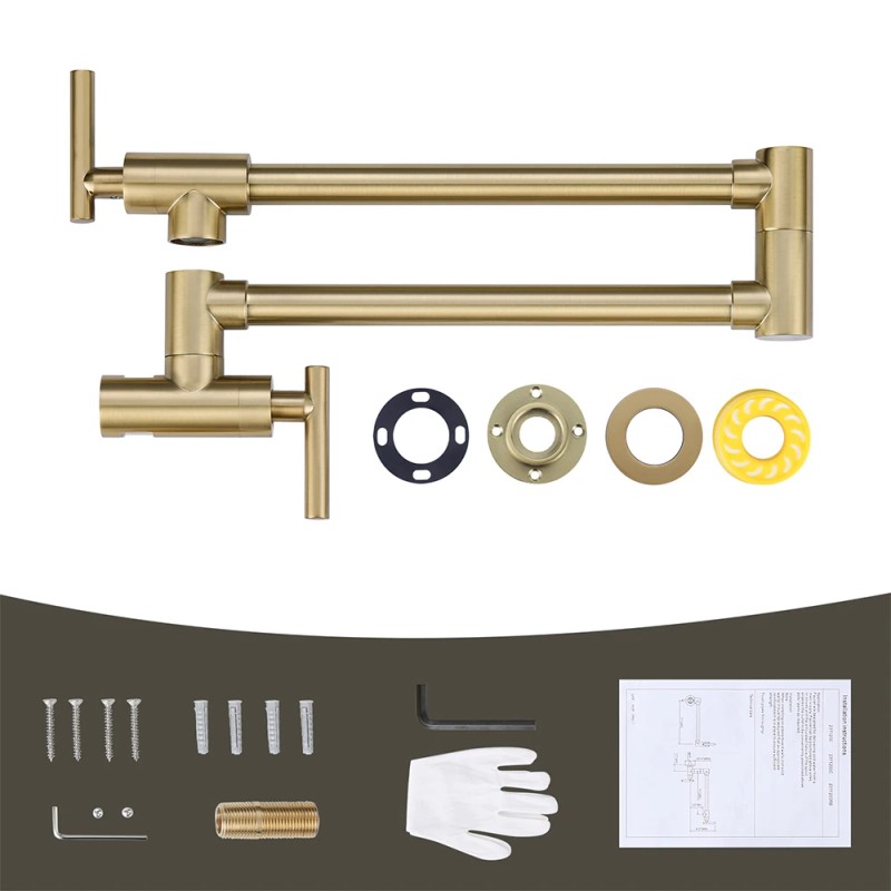 Pot Filler Faucet Gold Wall Mount Kitchen Faucet Folding Double