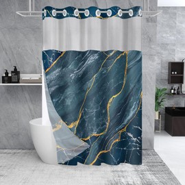 SSCRCUSLY No Hook Blue Marble Shower Curtain with Snap in Fabric Liner Set, Luxury Modern Hotel Style, See Through Mesh Top Window, 71x74 Inches