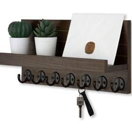 Lwenki Key Holder Wall Mount, Entryway Key and Mail Holder with 7 Sturdy Hooks for Sunglasses, Dog Leash, Decorative Wall Shelf with Mounting Hardware, 15”W x 6.7”H x 4.2”D (Olive Green)