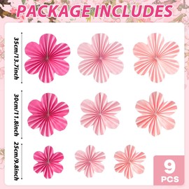 9Pcs Pink Party Paper Flowers Decorations Hot Pink Paper Fans Hanging Ornaments Floral Backdrop Decor for Wall Classroom Birthday Wedding Bridal Shower Engagement Baby Shower Party Supplies
