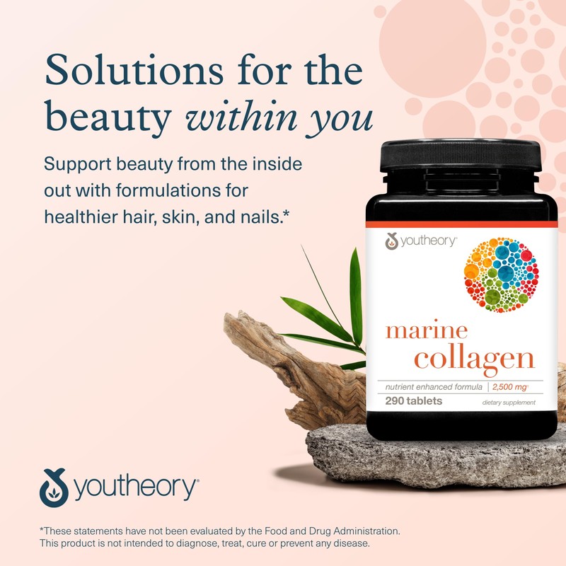 Youtheory Marine Collagen Tablets - 2,500 mg Fish-Sourced Collagen Peptides-