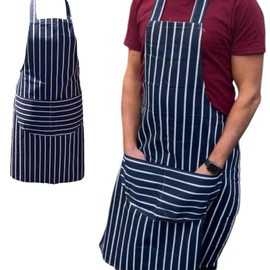 Pinochukka Durable Chef's Apron with Double Pockets, Adjustable Polyester Straps 100% Cotton Navy White Vertical Striped Ideal for Butchers, Kitchens, Restaurants, BBQs, Culinary Schools