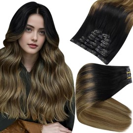 Full Shine Balayage Black Hair Extensions Clip ins Seamless Clip in Hair Extensions Real Human Hair Ombre Black to Chestnut Brown Mix Honey Blonde Hair Extensions for Black Women 20 Inch 120 g 8 Pcs