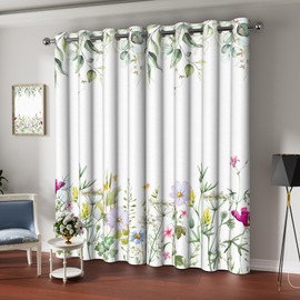 Sillsloso Flower Blackout Curtains Green Leaves Room Darkening Curtain for Bedroom, Spring Watercolor Floral Wildflowers Window Drapes for Living Room Decor Curtains 2 Panels 52x84 inch