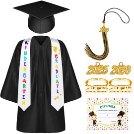 Sasylvia Kindergarten Preschool Graduation Gown Cap Set with 2025 Tassel Graduation Stole Rings Certificate for Toddler Kids(Size 27,Black)
