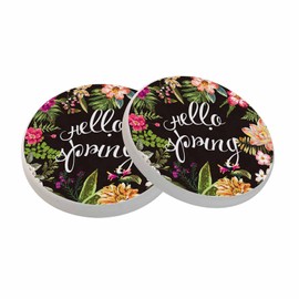 oFloral Hello Spring Coasters for Drinks Colorful Flowers Black Backdrop Cups Place Mats for Home Decor Set of 2, 4 Inch