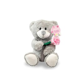 Gem Imports Mother's Day Plush Teddy Bear – Soft Grey Cuddly Toy Holding Fabric Rose with Gift Tag for Mum, Grandma & Loved Ones