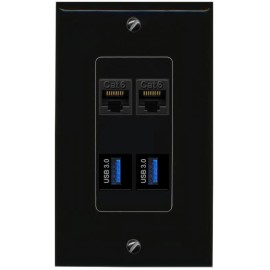 Wallplate City [4 Ports] 2 Cat6 2 USB3 Wall Plate - 1 Gang [Black/Black]