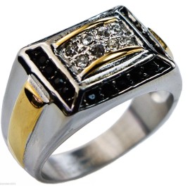 Sujak Black & Clear Czs Tone Stainless Steel 18k Gold Overlay Mens Ring Size 11 T49