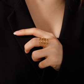 TEAMER Adjustable Archangel Metatron Stainless Steel Ring Adjustable Flower of Life Jewelry for Women and Girls, Stainless Steel, No Gemstone