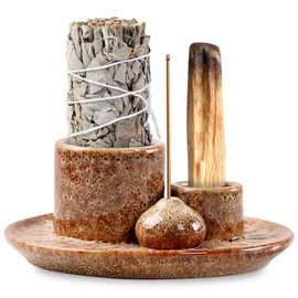 4 in 1 Incense Holder, Incense Bowl for Any Incense, Palo Santo Holder, Ceramic Incense Holder, Incense Stick Holder, White Sage for Smoking (Spotted White)