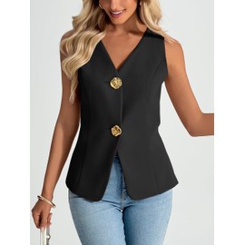 Cicy Bell Womens Summer V Neck Blazer Vest Sleeveless Button Up Dressy Suit Vest Tops Casual Business Fitted Waistcoat