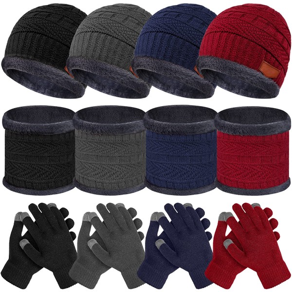 12 Pieces Kids Winter Hat Glove Scarf Sets Thick Fleece Lining Cap Knitted Beanie Warm Touchscreen Mitten Neck Warmer Gaiter for Boys and Girls, Age 5-14