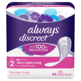 Always Discreet Incontinence Liners for Women, Very Light Absorbency, Long Length, 44 Count