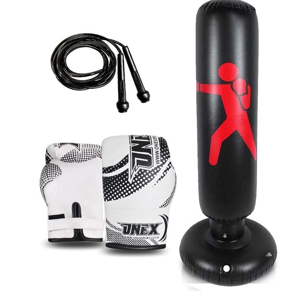 Inflatable Free Standing Boxing Punch Bag Kids & Adult Punching, Martial Arts, MMA, Kickboxing Pedestal, Home Gym Christmas Training Equipment (Inflatable-Black/Red-2oz-Black)