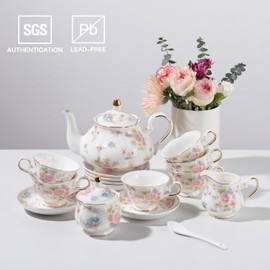 Sweejar Home Royal Ceramic Sugar and Creamer Set, 3 Piece Set with Cream Pitcher, Sugar Bowl, Sugar Set with Lid & Spoon, Coffee Serving Set Wedding Gift (Small Flower)