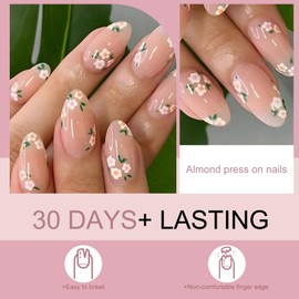 Wugbc Pink Press on Nails Almond Summer Fake Nails with Flower Design Full Cover Glossy Acrylic Press on Nails Medium Reusable Glue on Nails Kit for Women Manicure Nail Art Decoration 24PCS