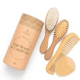 Wooden Baby Hair Brush Grooming Kit with Beech Wood Goat Hair Brush, Cradle Cap Brush, Silicone Scalp Massager, Ultra Soft Bristle Brush | Gender Neut