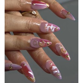 Kikmoya Press on Nails Medium Almond Purple Ombre Fake Nails with 3D Star and Moon Designs Reusable Acrylic Glossy False Nails Full Cover Artistry Stick on Nails for Women (Purple Ombre)