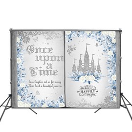Fitumiw Once Upon a Time Backdrop 8x6ft Blue Floral Silver Castle Princess Fairy Tale Book Birthday Background Party Decorations for Girl Opening Magic Book Romantic Story Wall Decor Banner