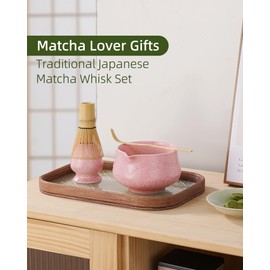 ZENS Matcha Whisk Set, 17oz Ceramic Matcha Set Includes Matcha Bowl, Bamboo Whisk & Chasen Holder, Scoop & Tea Towel, 5pcs Matcha Kit for Matcha Lovers, Sakura Pink
