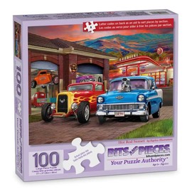 Bits and Pieces – 100 Piece Jigsaw Puzzle for Adults – Hot Rod Sunset - Large Lettered Pieces Colorful Classic Cars Jigsaw Puzzle, Completed Puzzle Size: 15" x 19"