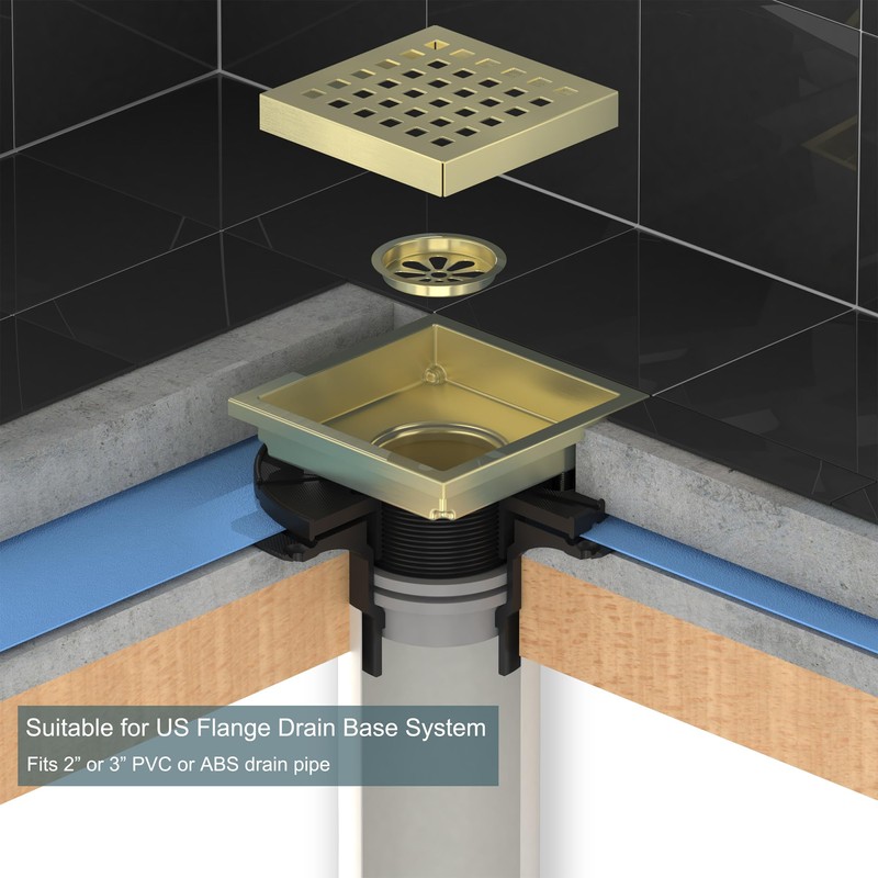 Georkios Brushed Gold 6 Inch Square Floor Drain, SUS304 Stainless