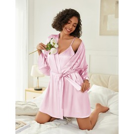 Ekouaer Women's Silk Robe Set V-neck 2 Piece Bridal Party Robes and Satin Bathrobe Set with Pockets (Light Pink, Medium)
