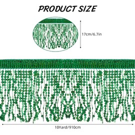 letsinstyle 10 Yards Sequins Fringe Trim, 6.7'' Wide Green Tassel Ribbon, Glitter Sequin Fringe Trimming Polyester Decorative Ribbons for Latin Dress Stage Clothing Accessories