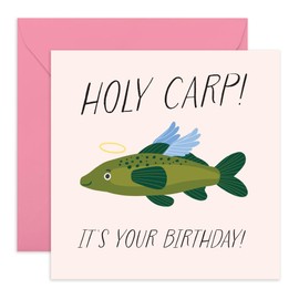 Funny Fish-Themed Birthday Card for Women Men – ‘Holy Carp!’ – Humorous Gifts for Friends, Colleagues, Coworkers, Bestie, BFF, Mum, Dad, Brother, Sister, Fishing Lovers - Comes with Stickers