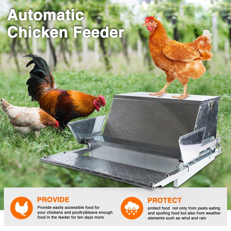 YUMOE Chicken Feeder Galvanized 25Lbs Capacity Weatherproof Treadle Chicken Feeder