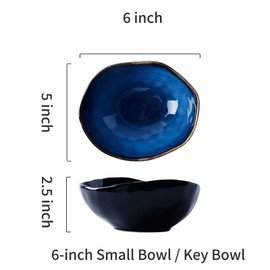 VOMANA Ceramic Decorative Bowl, Blue Pottery Key Bowl, Porcelain Versatile Decor, Small Jewelry Trinket Dish with Blue Glaze for Gift Decor Entryway Bedroom (6'' Bowl)