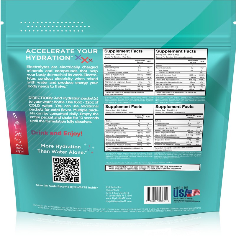 Electrolyte Powder Sugar-Free Hydration Packets Variety Pack HydroMATE 16 Sticks