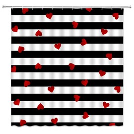 Valentine's Day Shower Curtain Red Heart Black White Geometric Stripe Heart Sweet Love Romantic for Women Creative Bathroom Home Decor with Hooks,Black White Red
