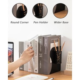Kingsmile Sujetalibros, Sujetalibros de Metal, Sujetalibros Pesados, Sujetalibros para Sujetar Libros para estanterías, hogar, Oficina, Aula, Biblioteca con Soporte para bolígrafo extraíble. (Negro)
