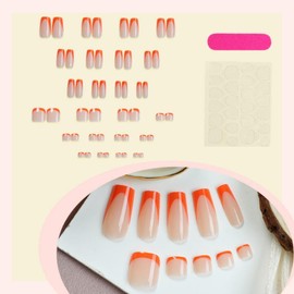 Orange French Tips Press on Nails Short Square Press on Toenails Medium Square Fake Nails with Designs Glossy Skin Tones False Toenails Reusable Full Cover False Nails for Women Girls Manicure 48Pcs