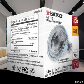 Satco LED MR16 Floodlight 5.5W 50W Equivalent 2700K Warm White 90+ CRI 36° Beam GU5.3 Bi-Pin Base 12V Dimmable Clear Finish – Part S12365 (12 Pack)