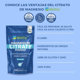 Wellthy Citrato de Magnesio en Polvo 250g. Equivalente a 417mg de Magnesio por Scoop, 100 Porciones por Envase, solamente un ingrediente, Scoop Incluído, Bottle Free.