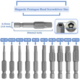 Wolfride 10pcs Magnetic Pentagon Head Screwdriver Bits Set 50mm Length | 1/4 Inch Hex Shank | 5 Point Torx Security Tamper Proof Drive Bits H2.15-H7.35