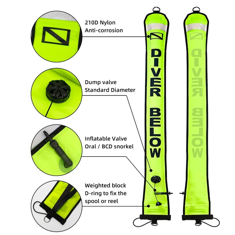4ft Yellow Scuba Diving Open Bottom Surface Marker Buoy (SMB)