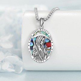 YONFQE Santa Muerte Necklace 925 Sterling Silver St Muerte Pendant Necklace with Santa Muerte Rosary Medals Jewellery Gifts for Men and Women