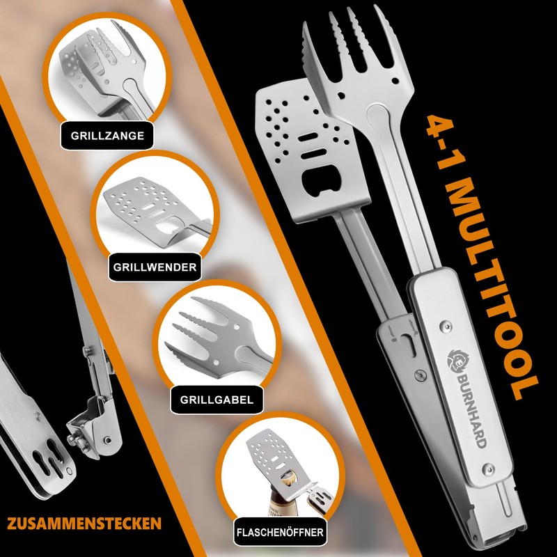 BURNHARD 4-in-1 Barbecue Utensils Multitool Including Barbecue Turner, Grill Fork,
