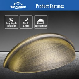 HOMOTEK 5 Pack Drawer Bin Cup Pulls Dresser Pulls for Cabinets Antique Brass - 3 Inch Hole Centers Furniture Handles,Kitchen Cabinet Hardware