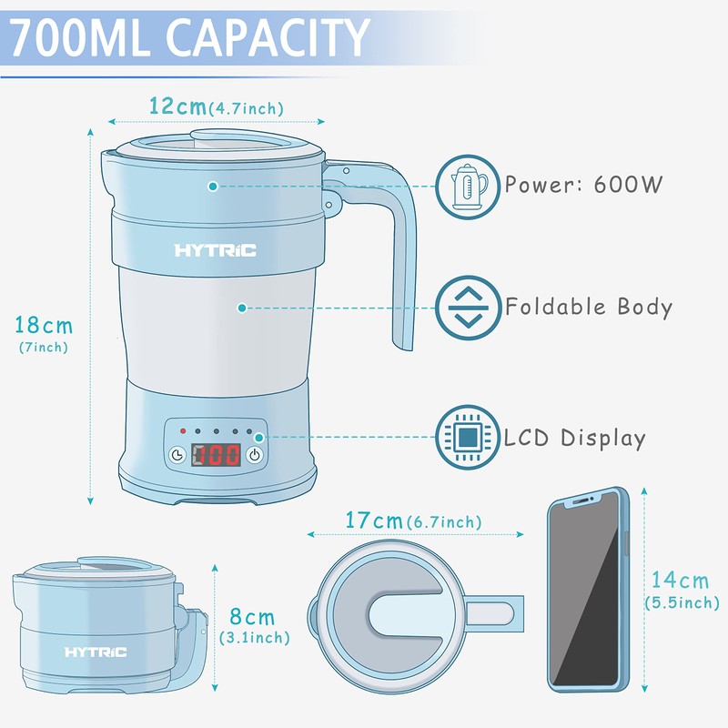 HYTRIC Travel Electric Kettle, 700ML Foldable Small Electric Kettle BPA-Free,