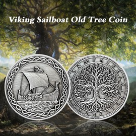 IELCJJ Viking Old Tree Sailboat Coin, Viking Runes Coin Nordic Mythology Protective Talisman Viking Gifts for Men Women