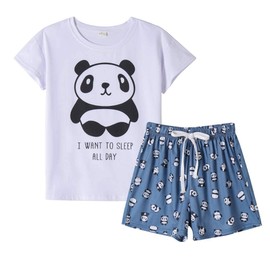 MyFav Women's Pyjamas, Comfortable, Stylish, Cat Cartoon Print, Sleepwear, Panda White