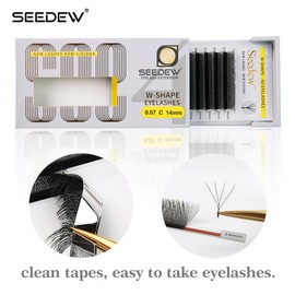SEEDEW 4D Lash Extensions, 0.07mm D Curl 11mm 12 Rows/Tray, W Shape Flat Stem, Korean PBT Volume False Eyelashes Grafting for Beginner Artist, Lash Tech, Beauty Salon(4D-Matte Black-0.07-D-11mm)
