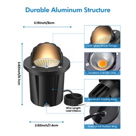 HIBOITEC Low Voltage Landscape Lighting 12-24V 12W LED Outdoor In-Ground IP67 Waterproof Well Lights 3000K Warm White Landscape Lights with Wire Connectors for Pathway Garden Wall Trees, 6 Pack